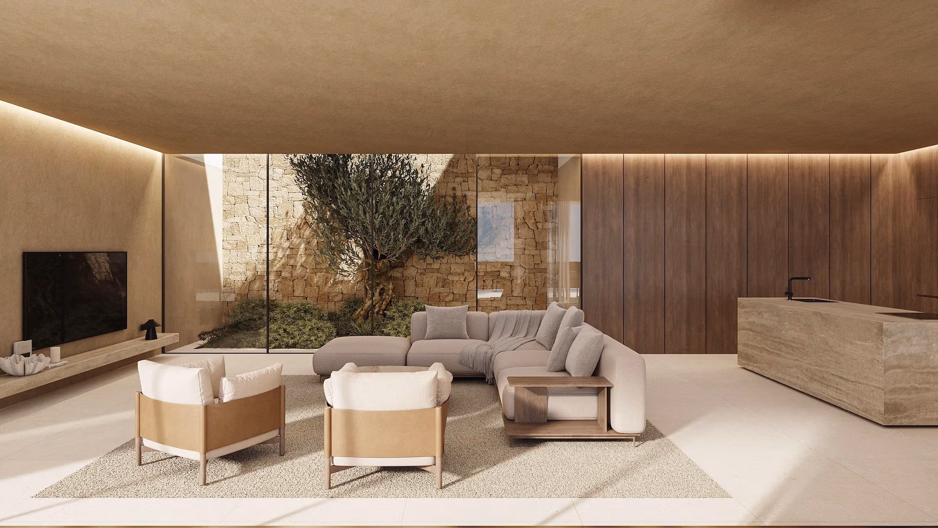 Elegant sunlit living room with modern furnishings and indoor garden in a luxury 4 bedroom villa in Benissa.