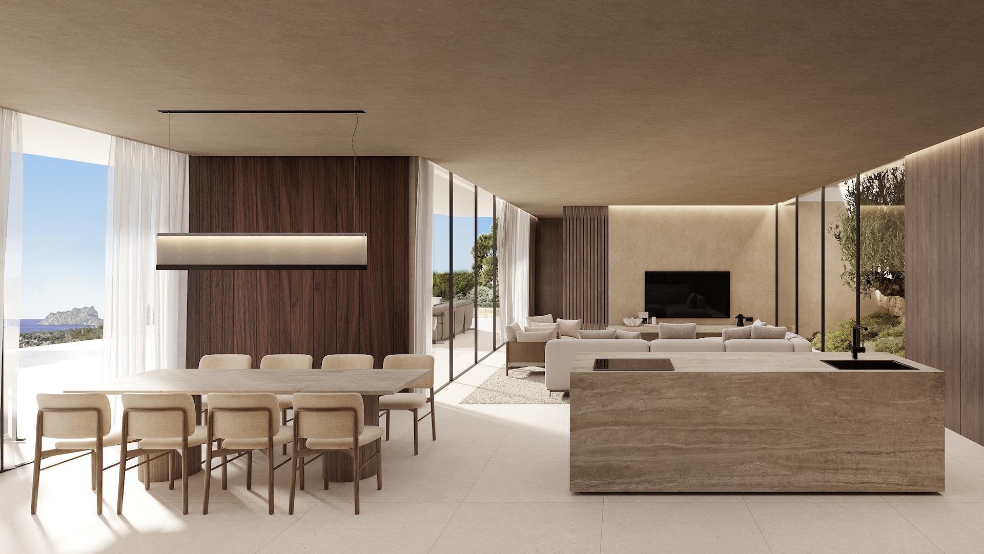Elegant open-plan living and dining area with floor-to-ceiling windows showcasing panoramic sea views in Benissa luxury villa.