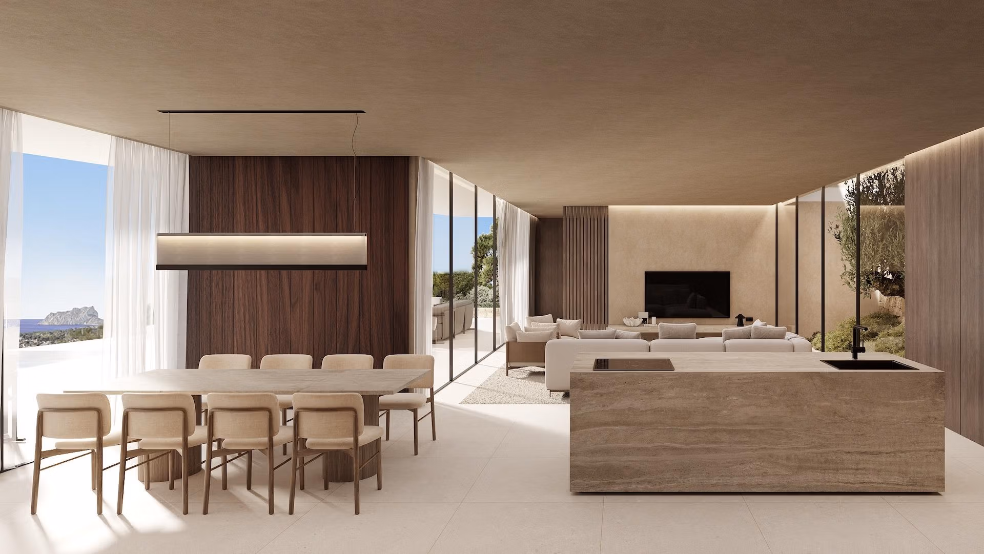 Elegant open-plan living and dining area with floor-to-ceiling windows showcasing panoramic sea views in Benissa luxury villa.