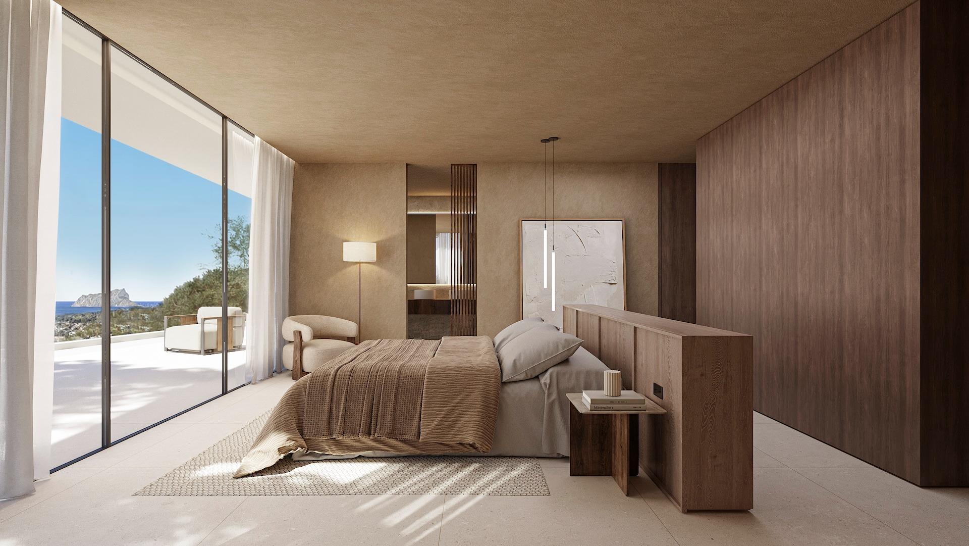 Spacious sunlit bedroom with floor-to-ceiling windows, elegant wood accents, and panoramic sea views in Benissa villa.
