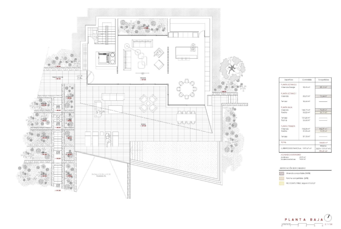 Detailed architectural floor plan of spacious open-plan living and dining areas with terrace for luxury 4-bedroom villa in Benissa.