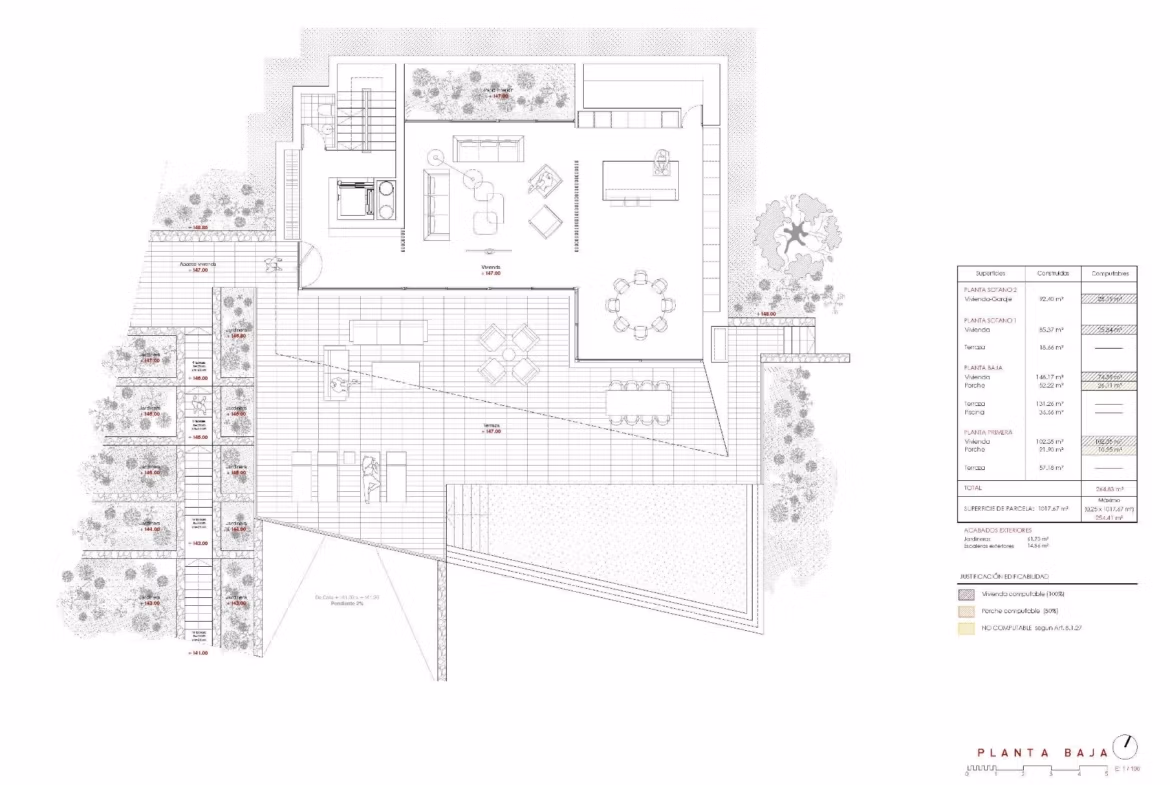 Detailed architectural floor plan of spacious open-plan living and dining areas with terrace for luxury 4-bedroom villa in Benissa.
