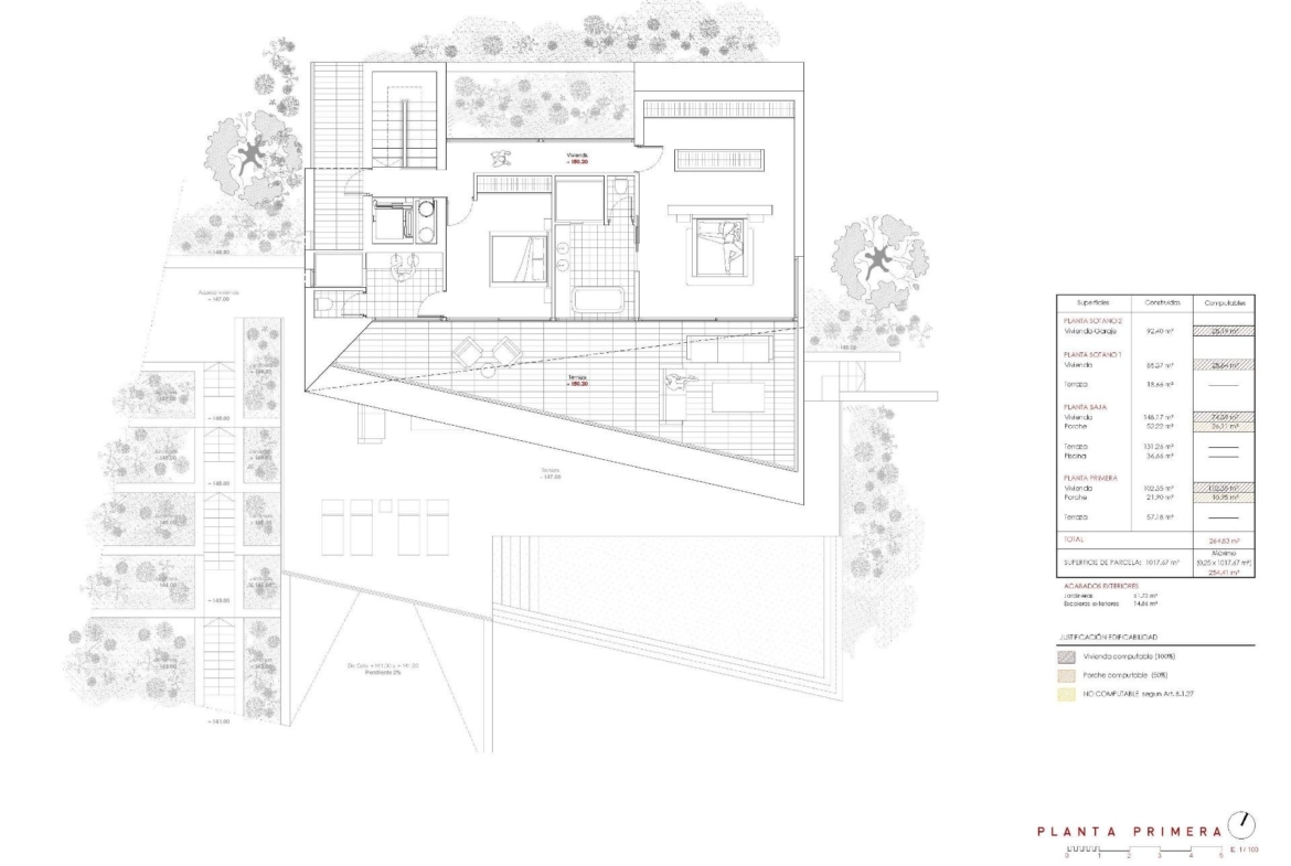 Detailed architectural floor plan of a modern 4-bedroom villa with spacious terraces in Benissa, highlighting luxury design elements.