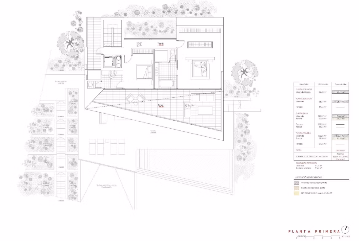 Detailed architectural floor plan of a modern 4-bedroom villa with spacious terraces in Benissa, highlighting luxury design elements.