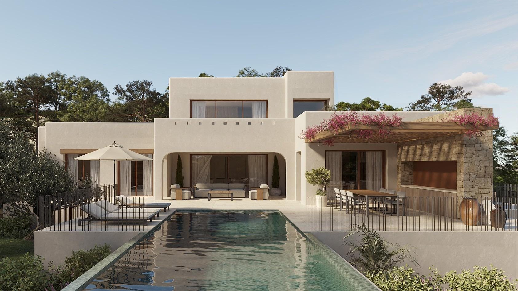 Elegant Ibizan-style villa exterior in La Fustera, Benissa with spacious terrace, shaded dining area, and tranquil infinity pool.