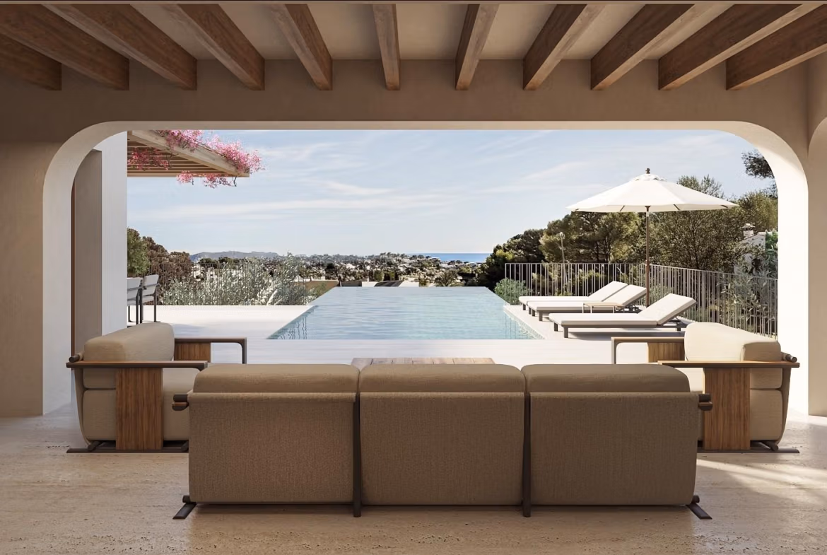Luxury-Ibizan-Style-Villa-in-La-Fustera-Benissa-Costa-Just-1-km-from-the-Beach-2 Sun-drenched covered terrace with modern seating overlooking infinity pool and panoramic sea views at Ibizan-style villa in La Fustera, Benissa
