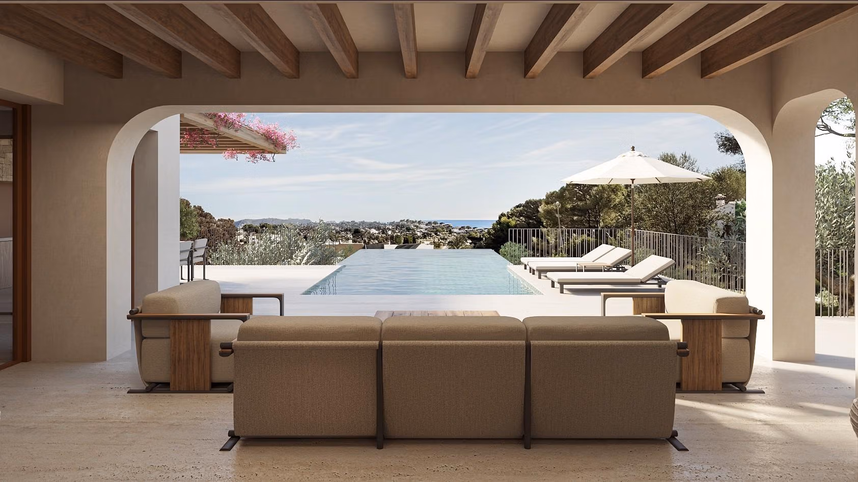Luxury-Ibizan-Style-Villa-in-La-Fustera-Benissa-Costa-Just-1-km-from-the-Beach-2 Sun-drenched covered terrace with modern seating overlooking infinity pool and panoramic sea views at Ibizan-style villa in La Fustera, Benissa