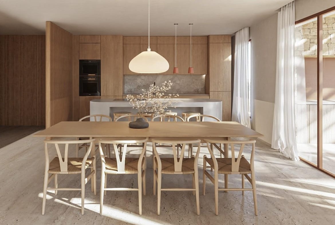 Sun-drenched open-plan dining area with sleek wood finishes in elegant Ibizan-style villa in La Fustera, Benissa