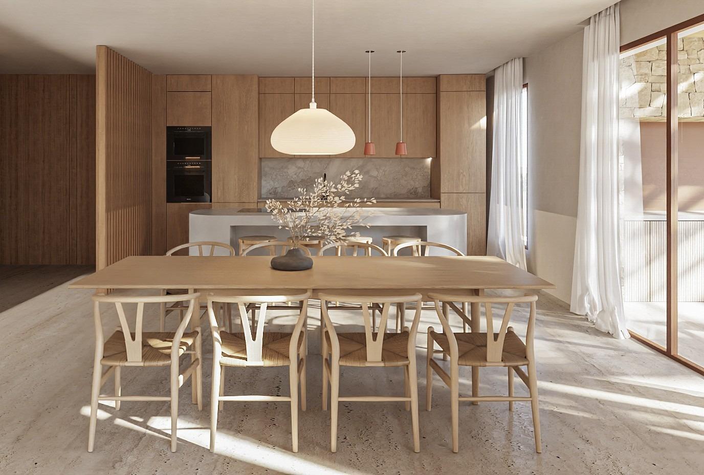 Sun-drenched open-plan dining area with sleek wood finishes in elegant Ibizan-style villa in La Fustera, Benissa