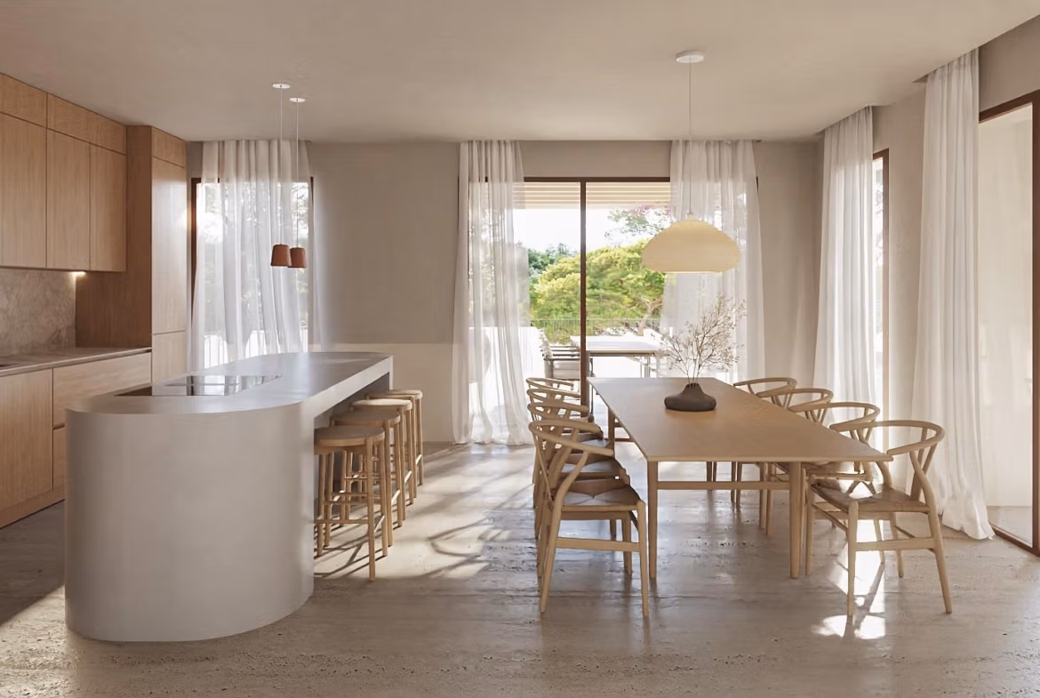 Luxury-Ibizan-Style-Villa-in-La-Fustera-Benissa-Costa-Just-1-km-from-the-Beach-5 Sun-drenched open-plan kitchen and dining area with modern wood finishes in elegant Ibizan-style villa, La Fustera, Benissa