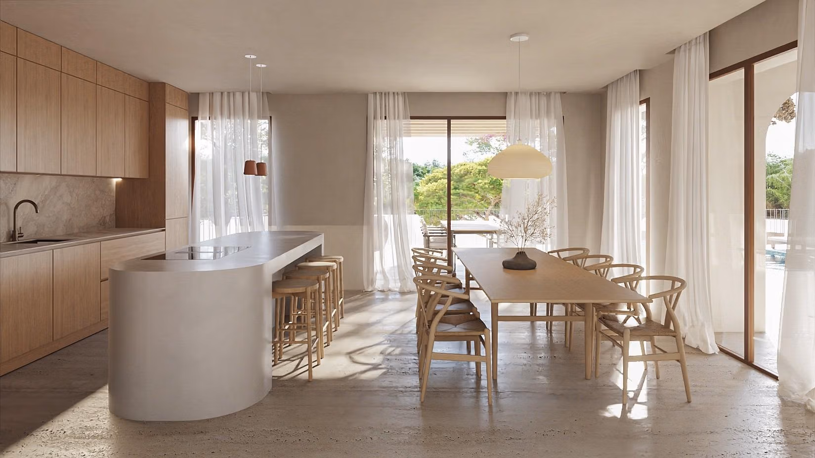 Luxury-Ibizan-Style-Villa-in-La-Fustera-Benissa-Costa-Just-1-km-from-the-Beach-5 Sun-drenched open-plan kitchen and dining area with modern wood finishes in elegant Ibizan-style villa, La Fustera, Benissa