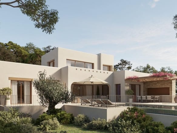 Elegant Ibizan-style villa with infinity pool, spacious terrace, and lush landscaping in La Fustera, Benissa, overlooking sea views.