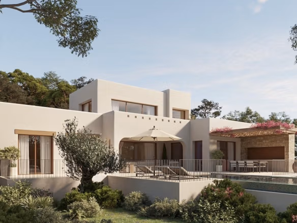 Elegant Ibizan-style villa with infinity pool, spacious terrace, и lush landscaping in La Fustera, Benissa, overlooking sea виды.