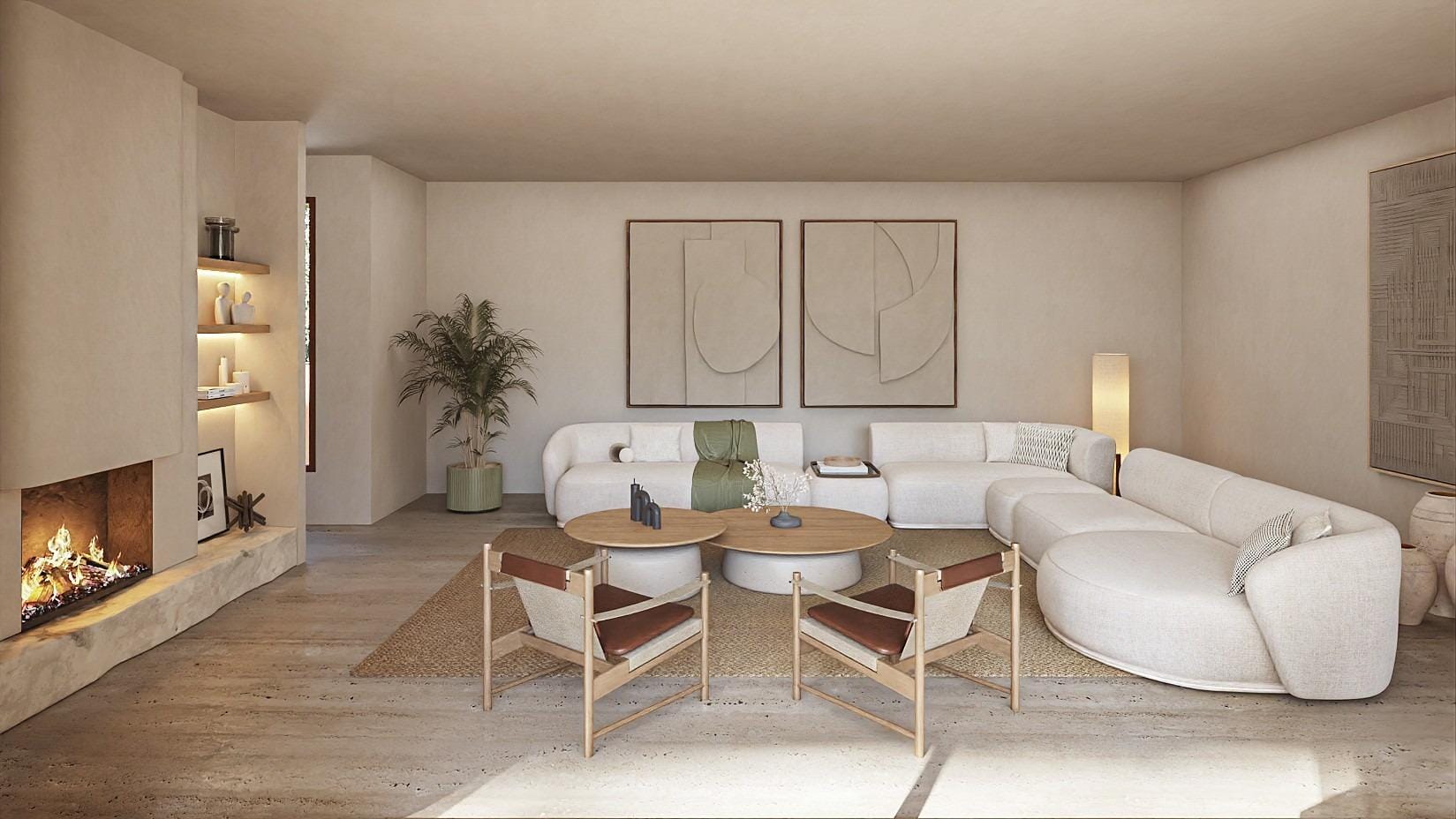 Spacious sunlit living room with modern fireplace and elegant seating in luxury Ibizan-style villa in La Fustera, Benissa