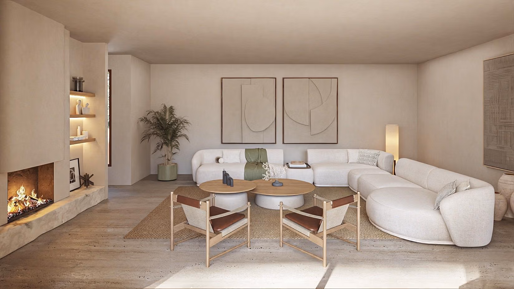 Luxury-Ibizan-Style-Villa-in-La-Fustera-Benissa-Costa-Just-1-km-from-the-Beach-6 Spacious sunlit living room with modern fireplace and elegant seating in luxury Ibizan-style villa in La Fustera, Benissa