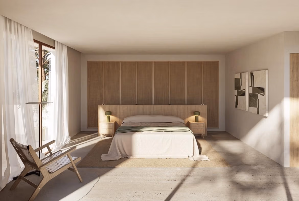 Luxury-Ibizan-Style-Villa-in-La-Fustera-Benissa-Costa-Just-1-km-from-the-Beach-7 Bright, minimalist bedroom with natural light and neutral tones in elegant Ibizan-style villa in La Fustera, Benissa.