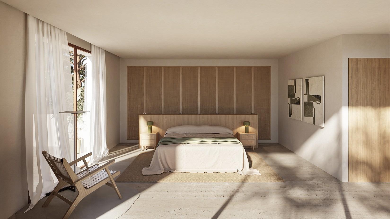 Bright, minimalist bedroom with natural light and neutral tones in elegant Ibizan-style villa in La Fustera, Benissa.