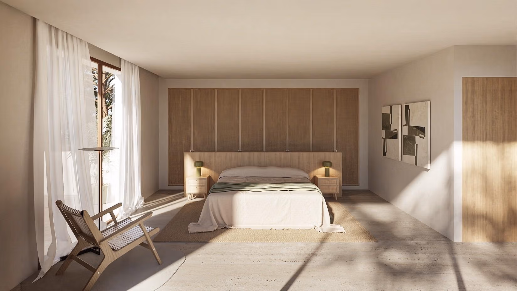 Luxury-Ibizan-Style-Villa-in-La-Fustera-Benissa-Costa-Just-1-km-from-the-Beach-7 Bright, minimalist bedroom with natural light and neutral tones in elegant Ibizan-style villa in La Fustera, Benissa.