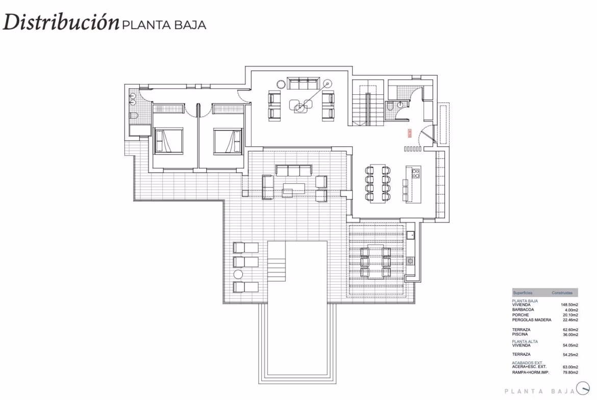 Luxury-Ibizan-Style-Villa-in-La-Fustera-Benissa-Costa-Just-1-km-from-the-Beach-8 Spacious floor plan of elegant Ibizan-style villa in La Fustera, Benissa, featuring open living areas and terrace with sea views.