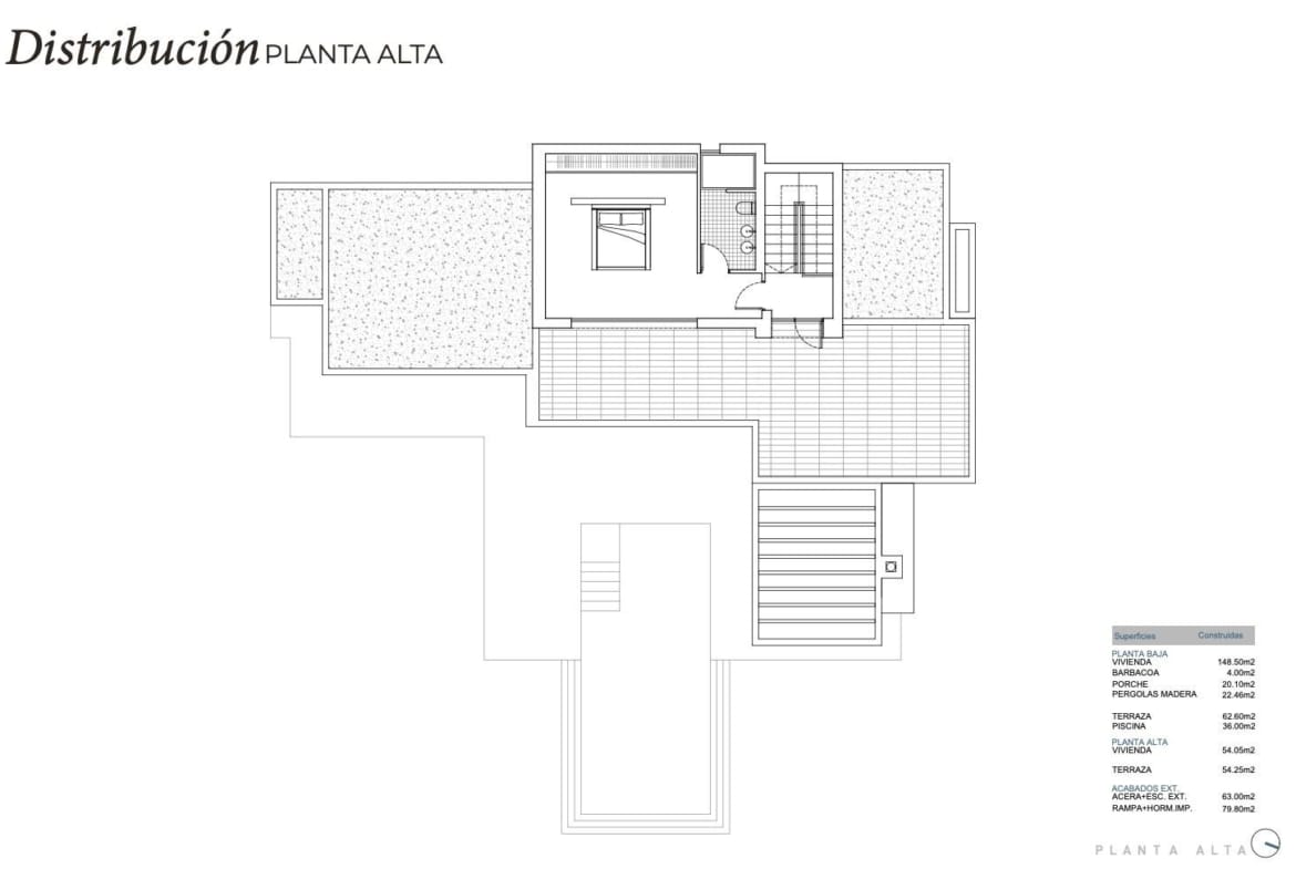 Detailed upper floor plan of elegant Ibizan-style villa in La Fustera, Benissa, highlighting spacious bedroom and terrace areas.