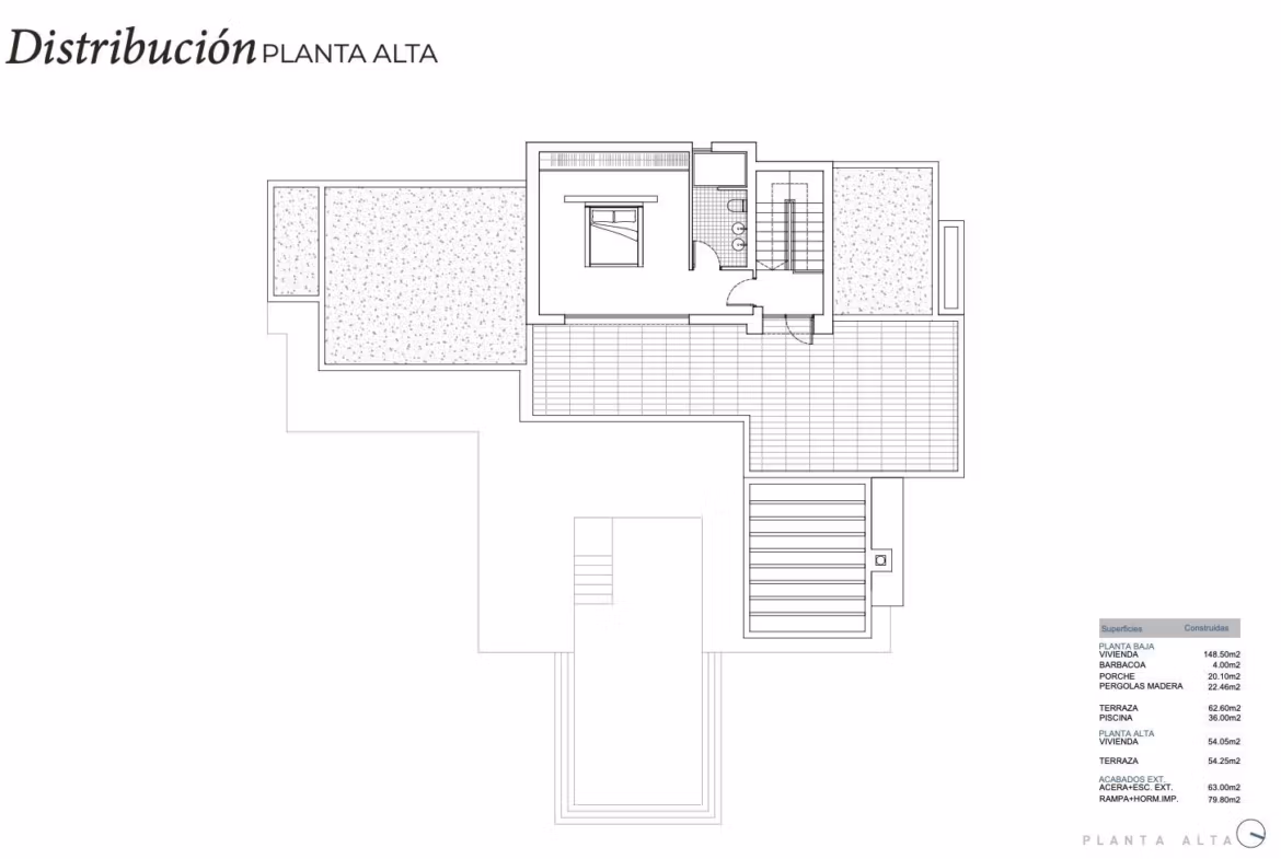 Luxury-Ibizan-Style-Villa-in-La-Fustera-Benissa-Costa-Just-1-km-from-the-Beach-9 Detailed upper floor plan of elegant Ibizan-style villa in La Fustera, Benissa, highlighting spacious bedroom and terrace areas.
