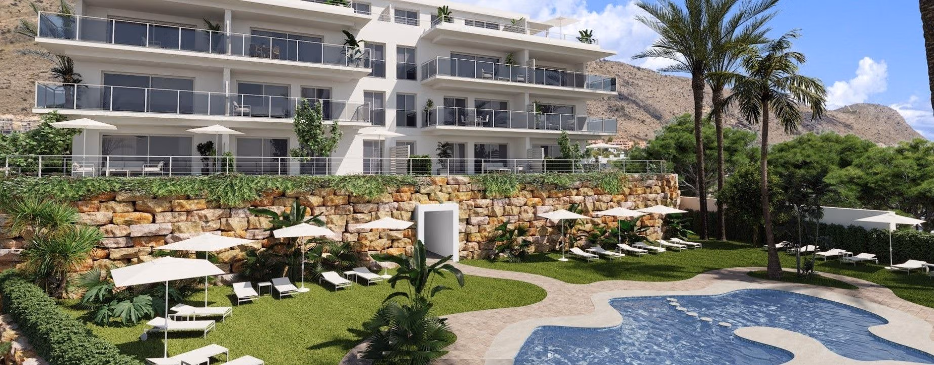 Luxury-New-Build-Apartments-and-Townhouses-in-Sierra-Cortina-Resort-1 Sun-drenched communal pool and landscaped terrace of spacious 3-bedroom new build apartment in Sierra Cortina, Finestrat