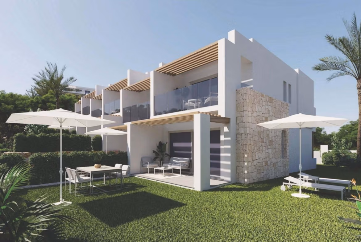 Modern, sunlit 3-bedroom apartment exterior with spacious terrace and lush garden in Sierra Cortina, Finestrat.