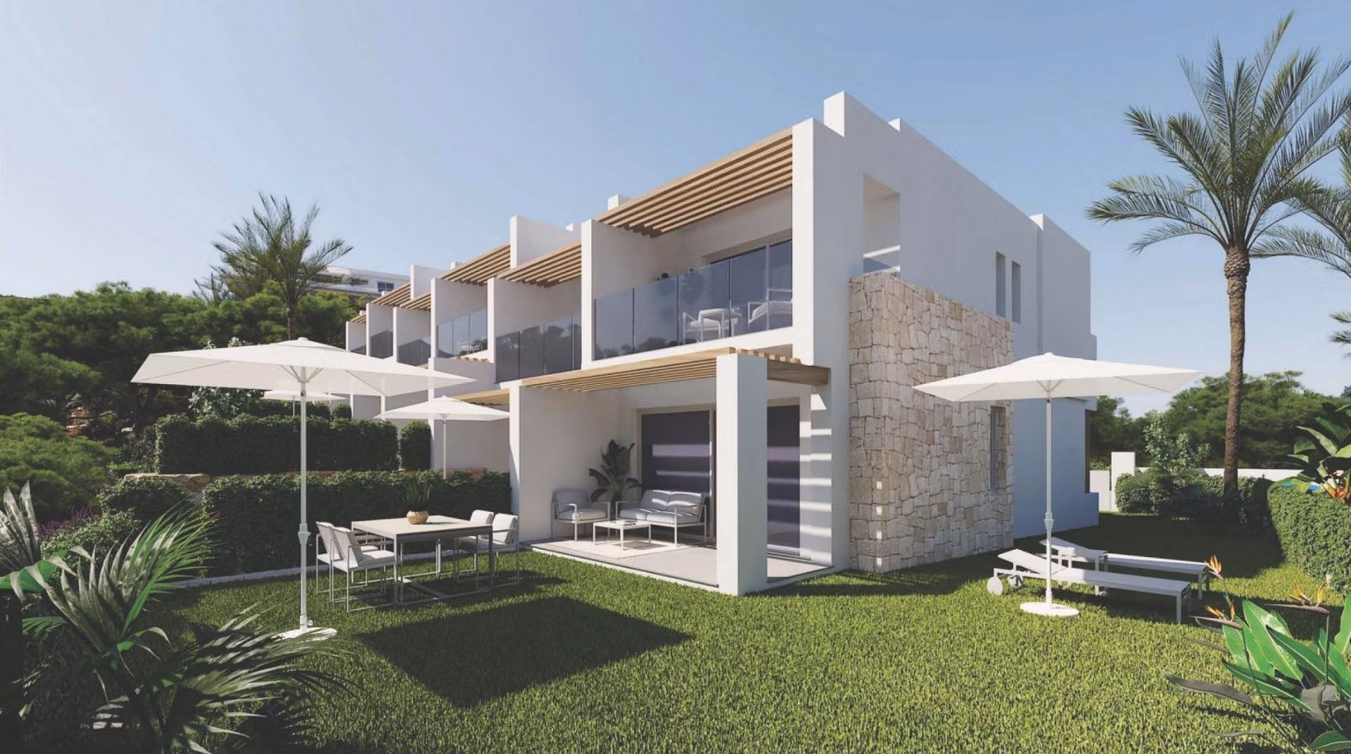 Luxury-New-Build-Apartments-and-Townhouses-in-Sierra-Cortina-Resort-10 Modern, sunlit 3-bedroom apartment exterior with spacious terrace and lush garden in Sierra Cortina, Finestrat.
