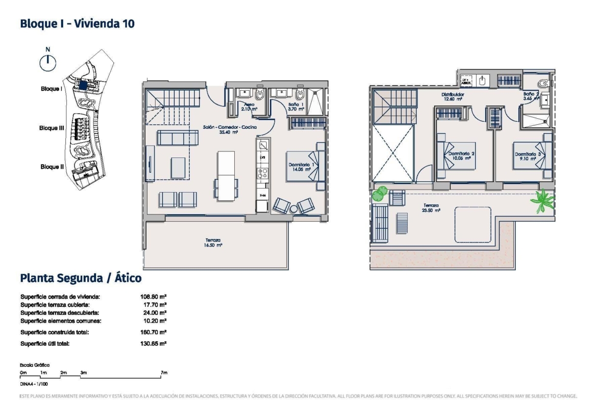 Spacious two-level floor plan of exclusive 3-bedroom penthouse with large terraces in Sierra Cortina, Finestrat.