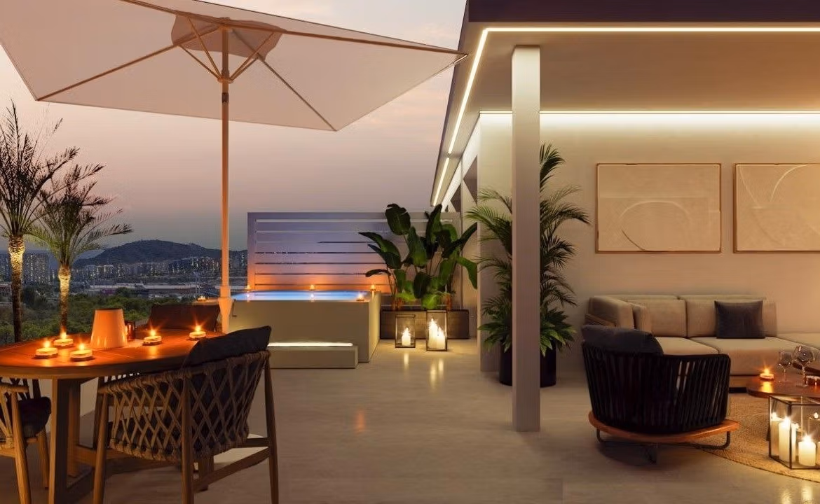 Sun-drenched spacious terrace with elegant outdoor seating and panoramic views in a new build 3-bedroom apartment, Sierra Cortina, Finestrat
