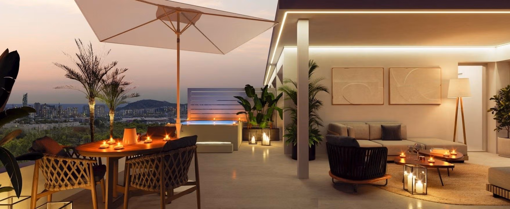 Luxury-New-Build-Apartments-and-Townhouses-in-Sierra-Cortina-Resort-11 Sun-drenched spacious terrace with elegant outdoor seating and panoramic views in a new build 3-bedroom apartment, Sierra Cortina, Finestrat