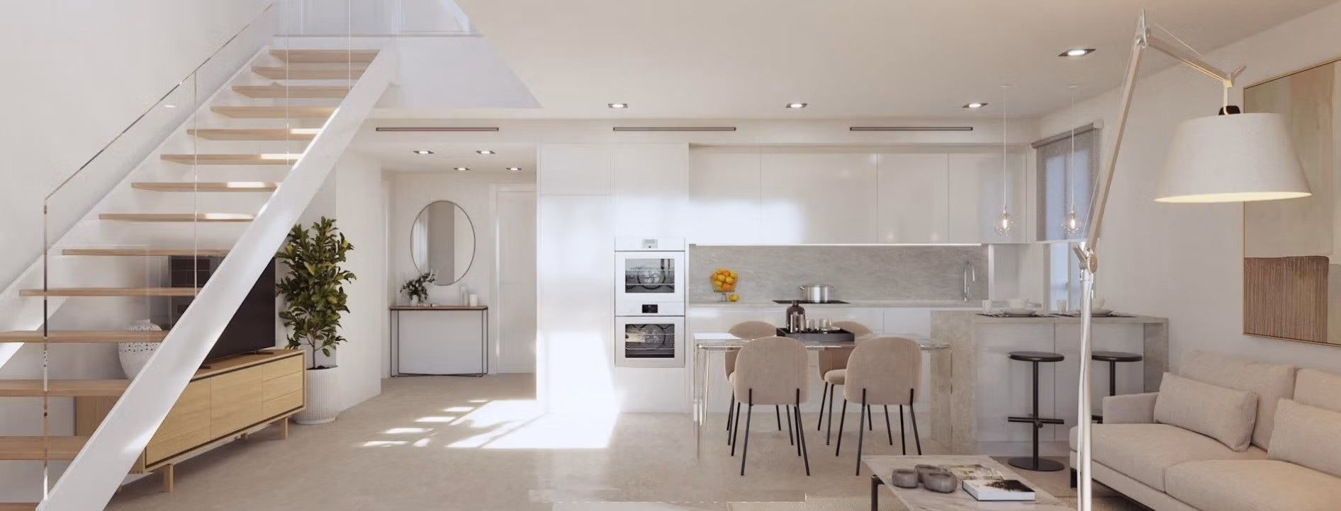 Luxury-New-Build-Apartments-and-Townhouses-in-Sierra-Cortina-Resort-12 Bright and modern open-plan living area with sleek kitchen in spacious 3-bedroom apartment in Sierra Cortina, Finestrat
