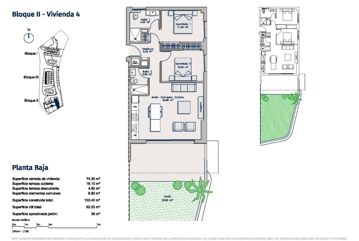 Bright and spacious 2-bedroom modern apartment floor plan with open-plan living and garden terrace in Sierra Cortina, Finestrat.