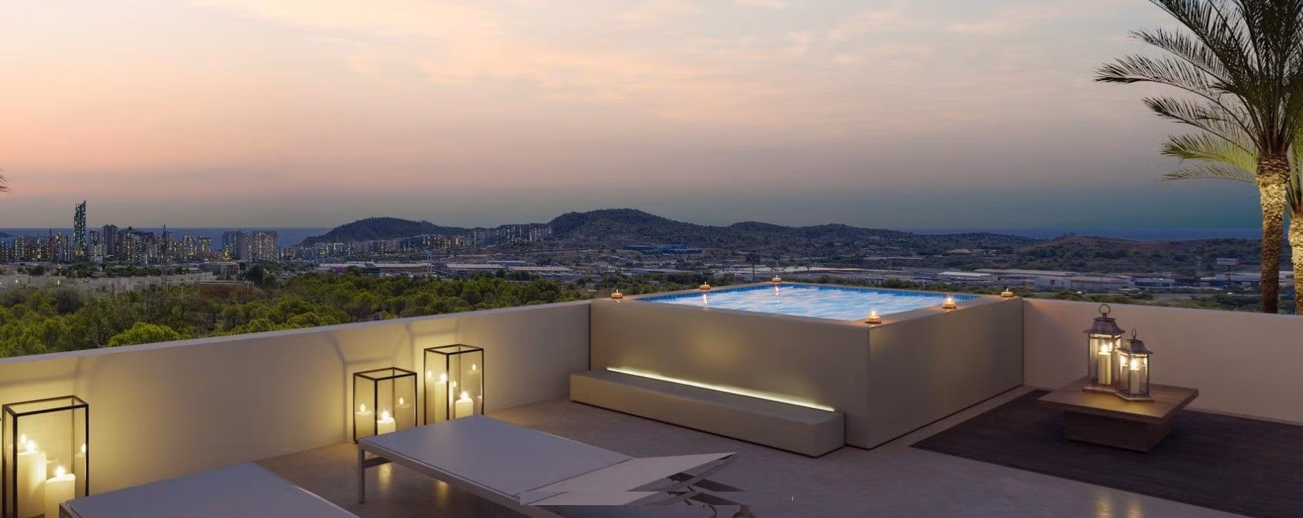 Luxury-New-Build-Apartments-and-Townhouses-in-Sierra-Cortina-Resort-13 Sunset view of a sleek rooftop terrace with an illuminated jacuzzi and loungers in a modern 3-bedroom apartment, Sierra Cortina, Finestrat.