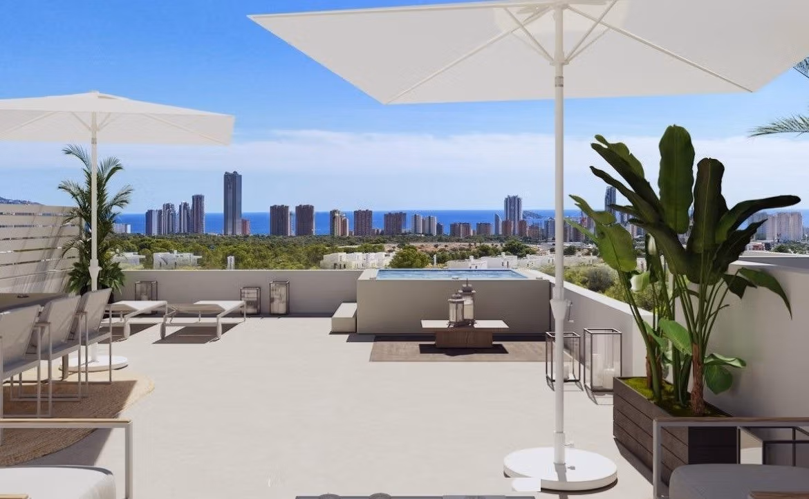 Spacious sun-drenched terrace with panoramic sea and city views in a modern 3-bedroom apartment in Sierra Cortina, Finestrat