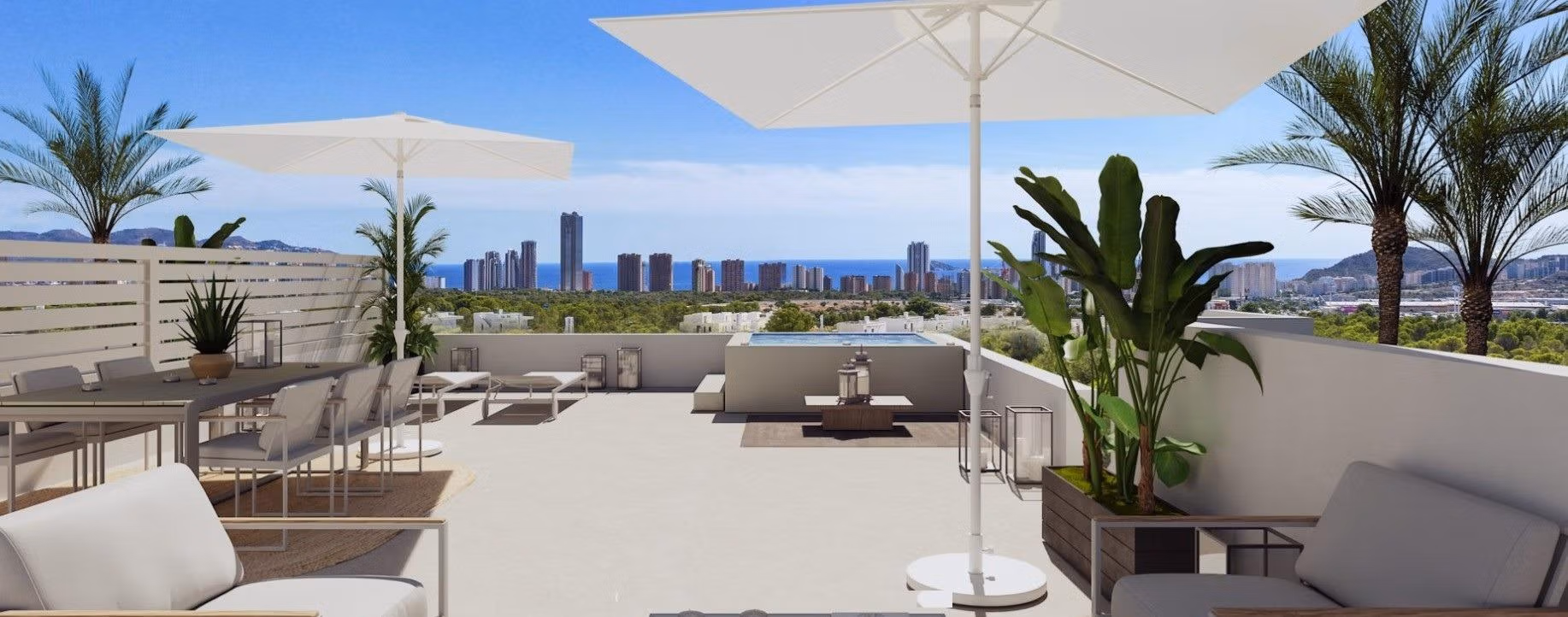 Luxury-New-Build-Apartments-and-Townhouses-in-Sierra-Cortina-Resort-14 Spacious sun-drenched terrace with panoramic sea and city views in a modern 3-bedroom apartment in Sierra Cortina, Finestrat