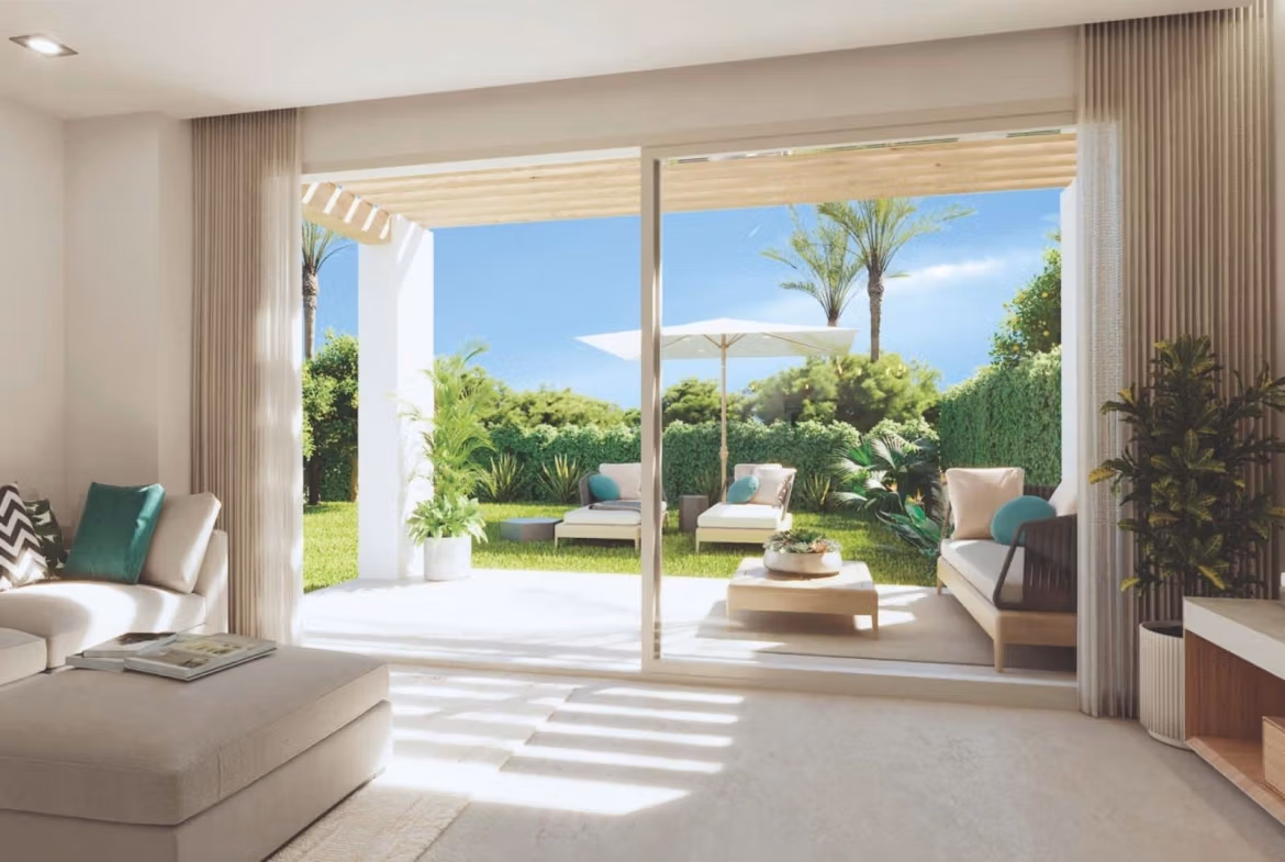 Bright, modern living room in spacious 3-bedroom apartment with sunny terrace and lush garden in Sierra Cortina, Finestrat.
