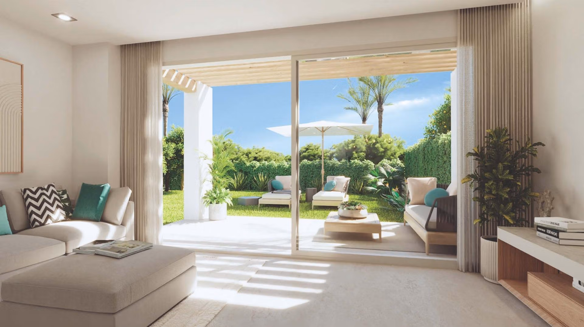 Luxury-New-Build-Apartments-and-Townhouses-in-Sierra-Cortina-Resort-15 Bright, modern living room in spacious 3-bedroom apartment with sunny terrace and lush garden in Sierra Cortina, Finestrat.
