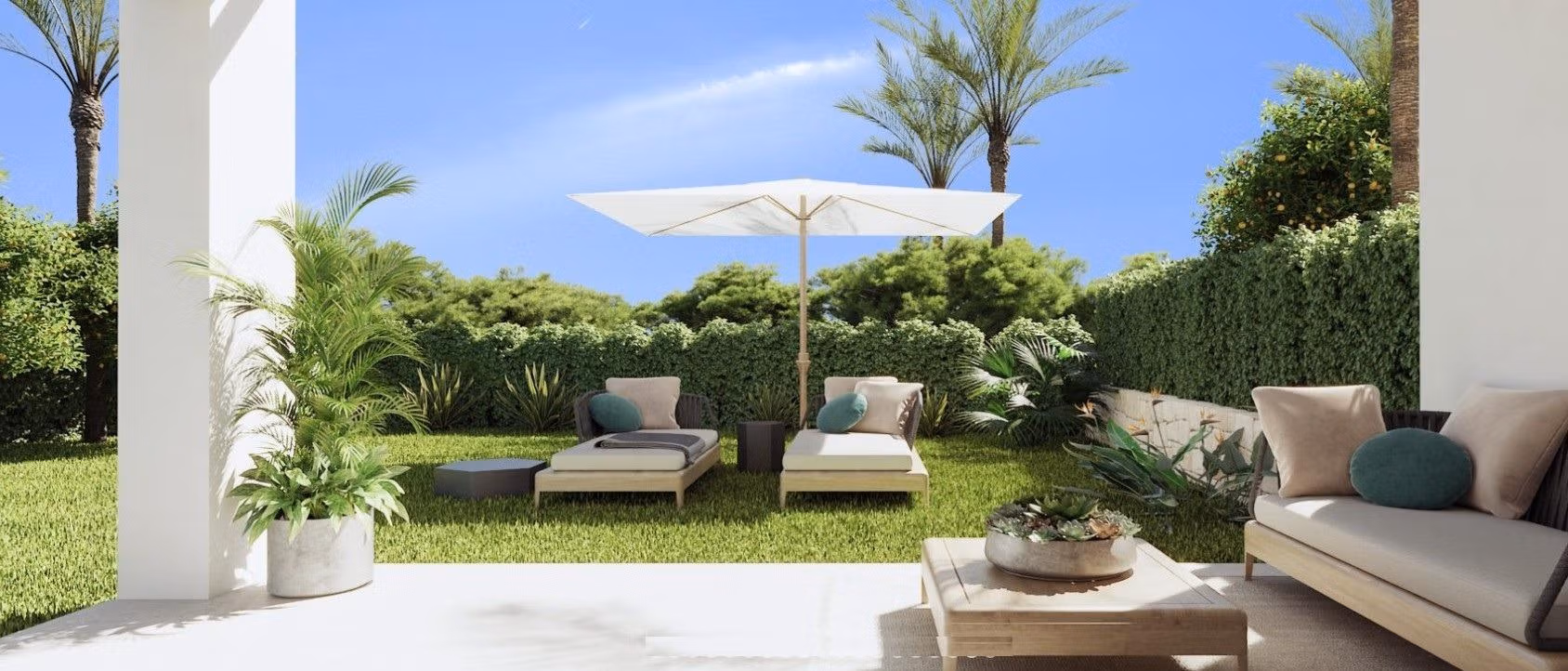 Luxury-New-Build-Apartments-and-Townhouses-in-Sierra-Cortina-Resort-16 Bright and spacious garden terrace with modern lounge seating at a 3-bedroom apartment in Sierra Cortina, Finestrat