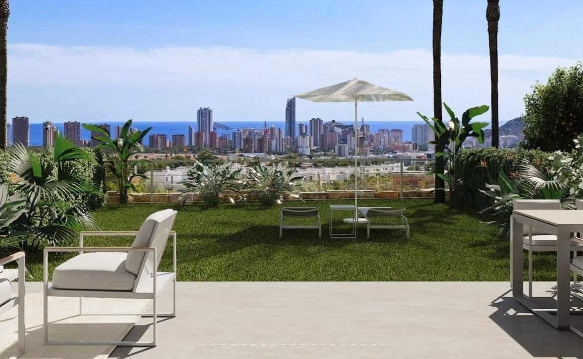 Sun-drenched terrace with lush garden and panoramic city and sea views in spacious 3-bedroom apartment, Sierra Cortina Finestrat
