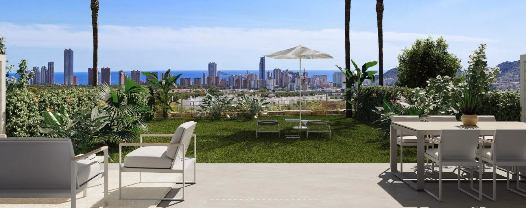 Luxury-New-Build-Apartments-and-Townhouses-in-Sierra-Cortina-Resort-17 Sun-drenched terrace with lush garden and panoramic city and sea views in spacious 3-bedroom apartment, Sierra Cortina Finestrat