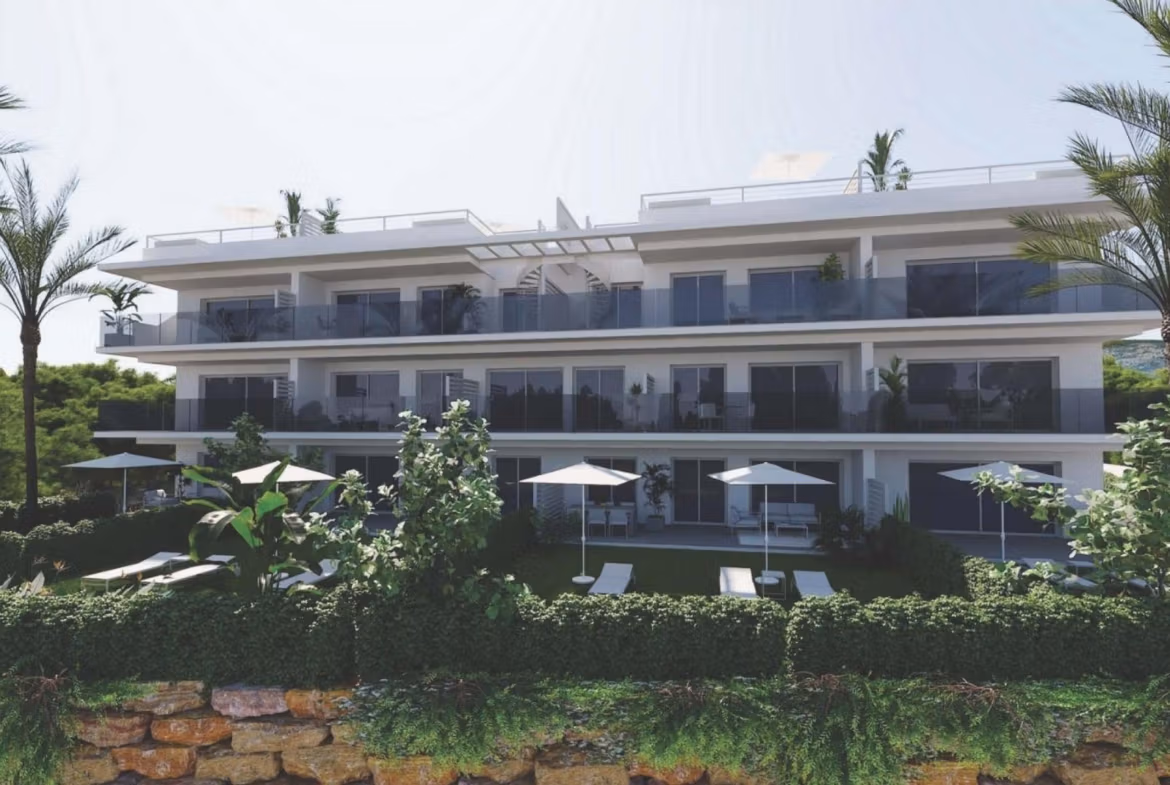 Modern spacious 3-bedroom apartment exterior with large terraces and lush landscaping in Sierra Cortina, Finestrat.