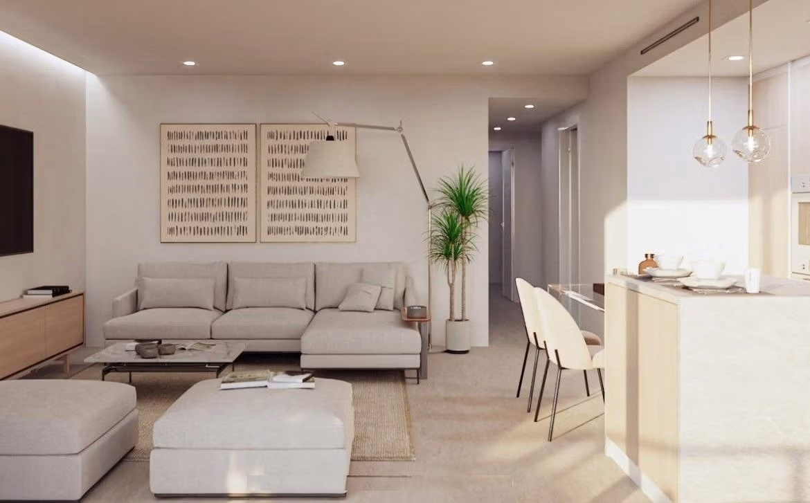 Bright, modern open-plan living room and kitchen with elegant furnishings in spacious 3-bedroom apartment in Sierra Cortina, Finestrat