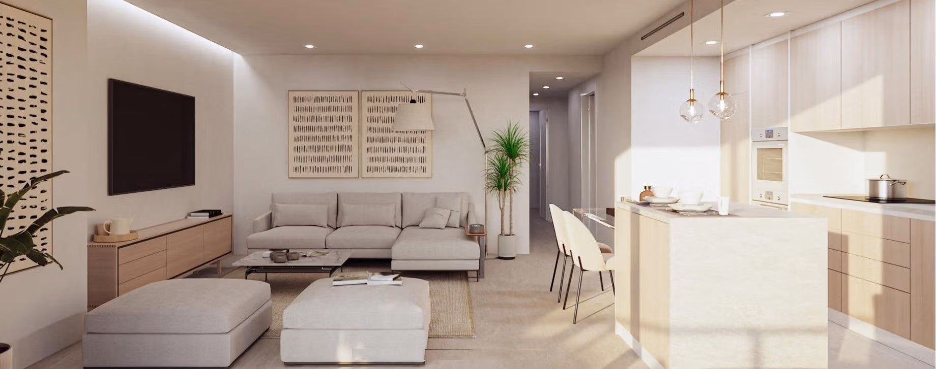 Luxury-New-Build-Apartments-and-Townhouses-in-Sierra-Cortina-Resort-3 Bright, modern open-plan living room and kitchen with elegant furnishings in spacious 3-bedroom apartment in Sierra Cortina, Finestrat