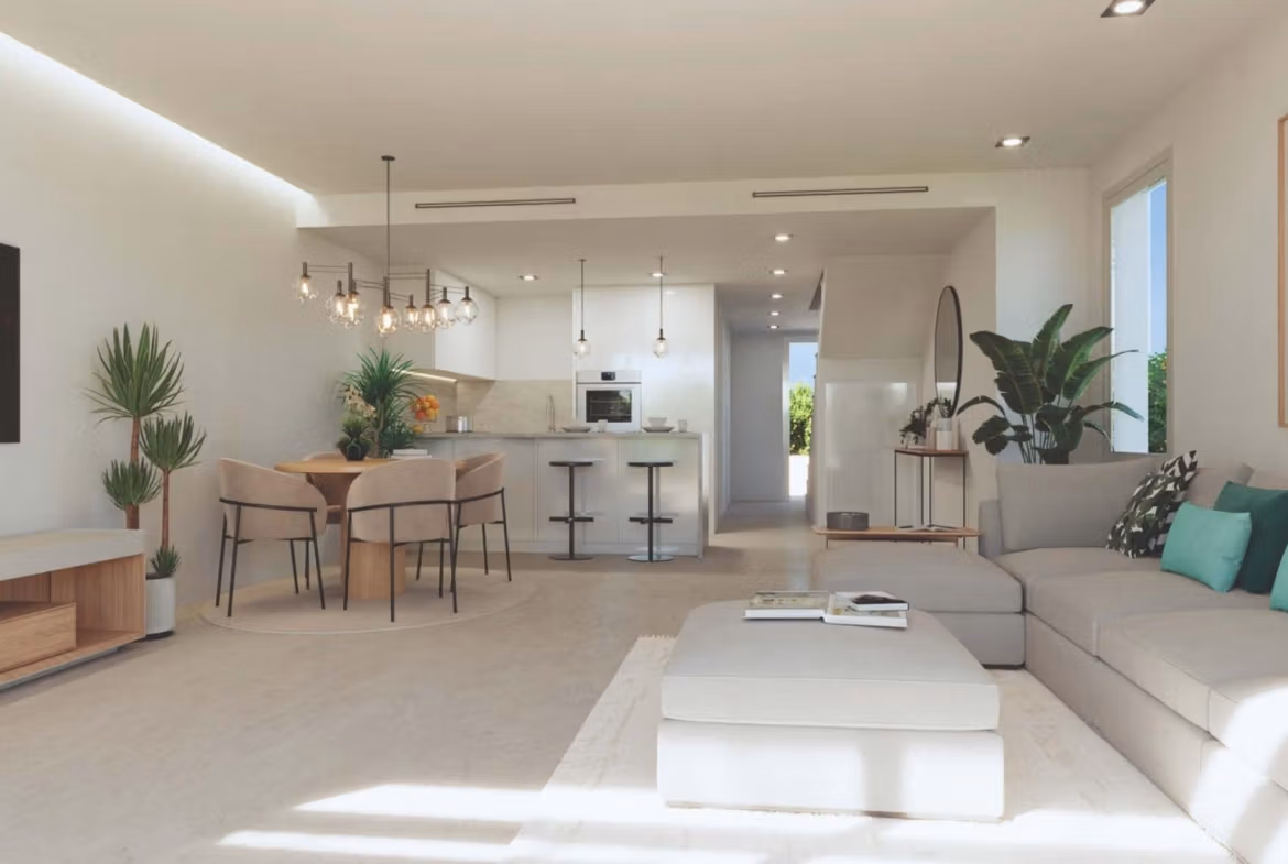 Bright spacious open-plan living and dining area in modern 3-bedroom apartment in Sierra Cortina, Finestrat.