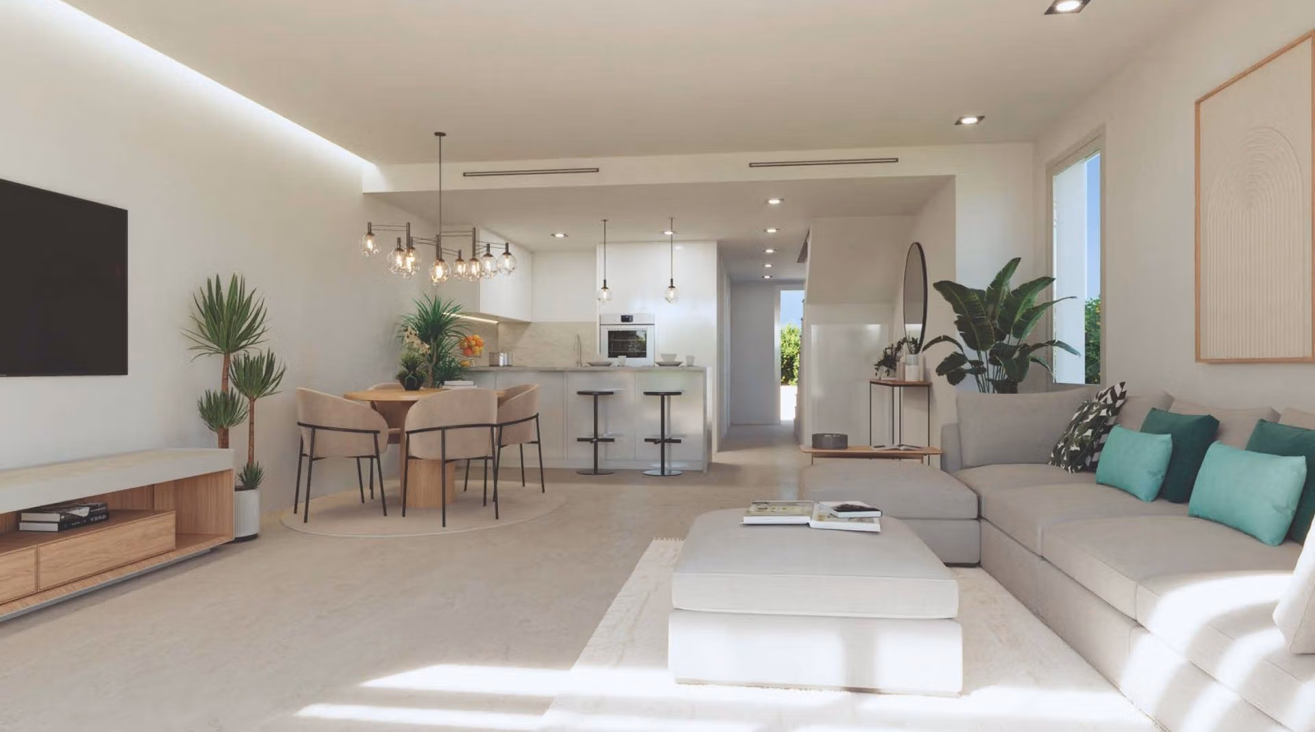 Luxury-New-Build-Apartments-and-Townhouses-in-Sierra-Cortina-Resort-4 Bright spacious open-plan living and dining area in modern 3-bedroom apartment in Sierra Cortina, Finestrat.