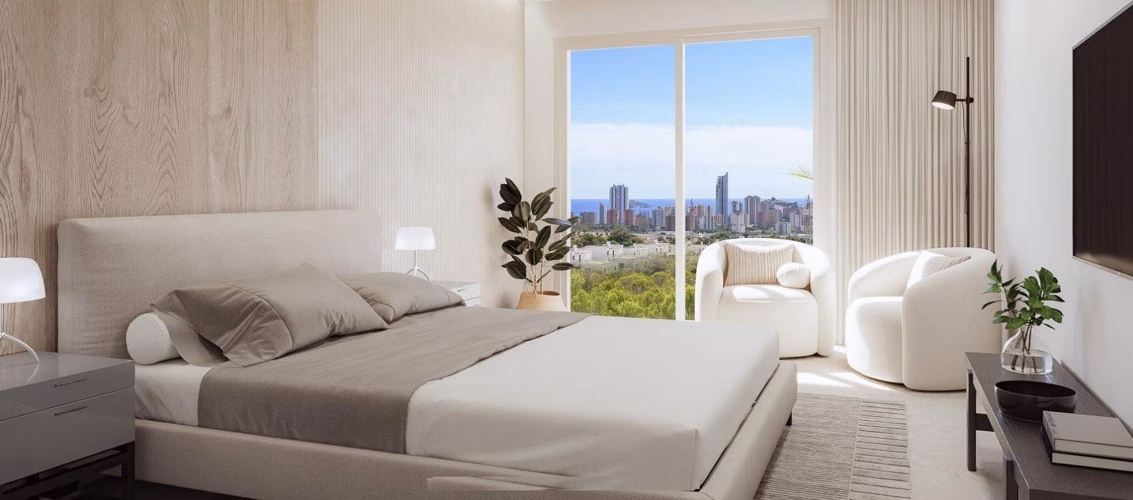 Luxury-New-Build-Apartments-and-Townhouses-in-Sierra-Cortina-Resort-5 Bright modern bedroom with panoramic city and sea views in spacious 3-bedroom apartment at Sierra Cortina, Finestrat.