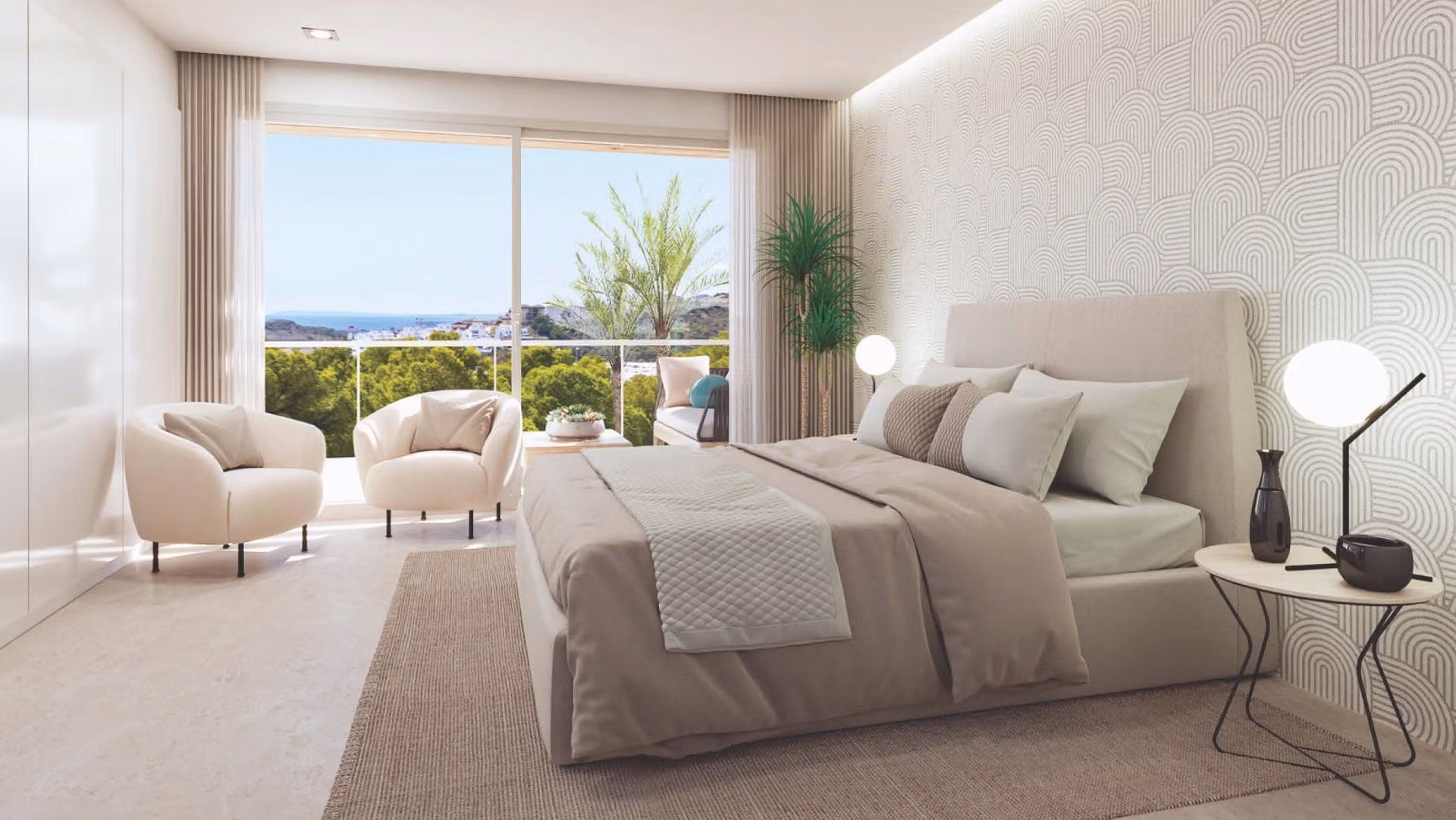 Luxury-New-Build-Apartments-and-Townhouses-in-Sierra-Cortina-Resort-6 Bright, elegant bedroom with plush seating, textured wall, and balcony overlooking lush greenery in spacious Sierra Cortina apartment.