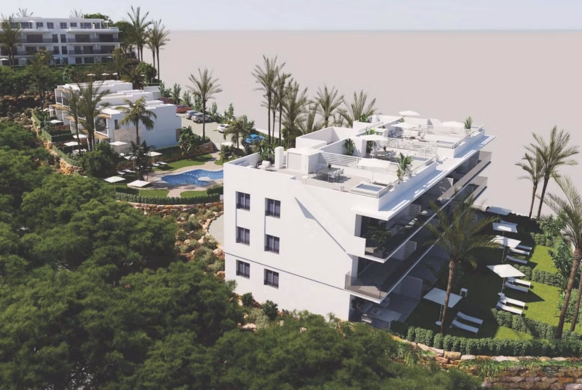 Modern spacious 3-bedroom apartment with lush landscaping, communal pool, and sunlit terraces in Sierra Cortina, Finestrat.