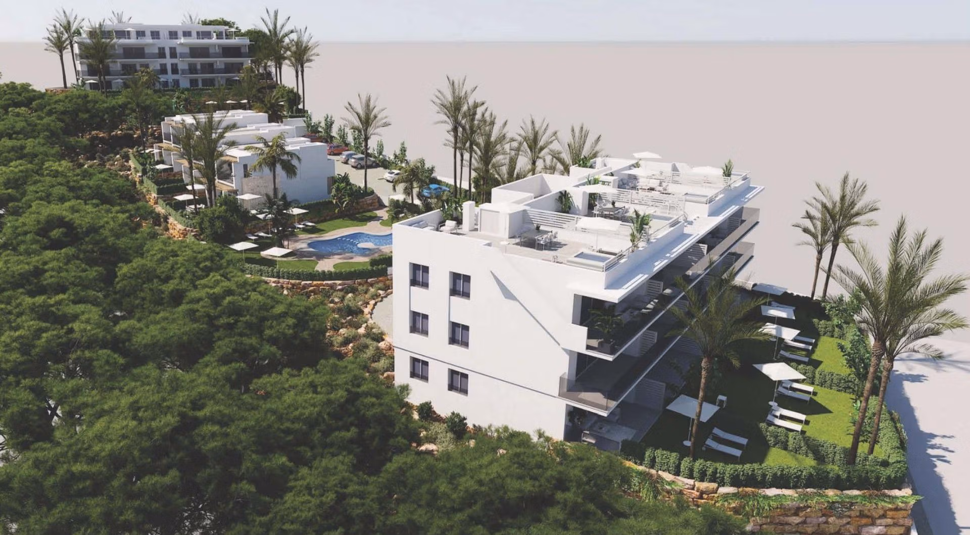 Luxury-New-Build-Apartments-and-Townhouses-in-Sierra-Cortina-Resort-7 Modern spacious 3-bedroom apartment with lush landscaping, communal pool, and sunlit terraces in Sierra Cortina, Finestrat.